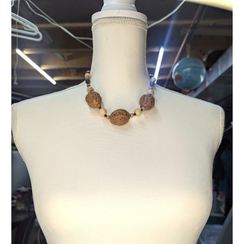 Vintage Handmade Walnut & Wood Bead Necklace 18"
